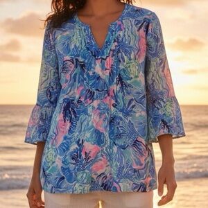Lilly Pulitzer Women's Hollie Linen Tunic Top Blue Shade Seekers Size Medium NWT